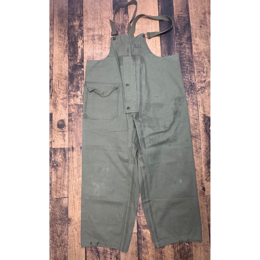 Vintage US Navy Bib Overalls Pants Dungarees Olive Green Cotton Talon Zipper L - Picture 5 of 13